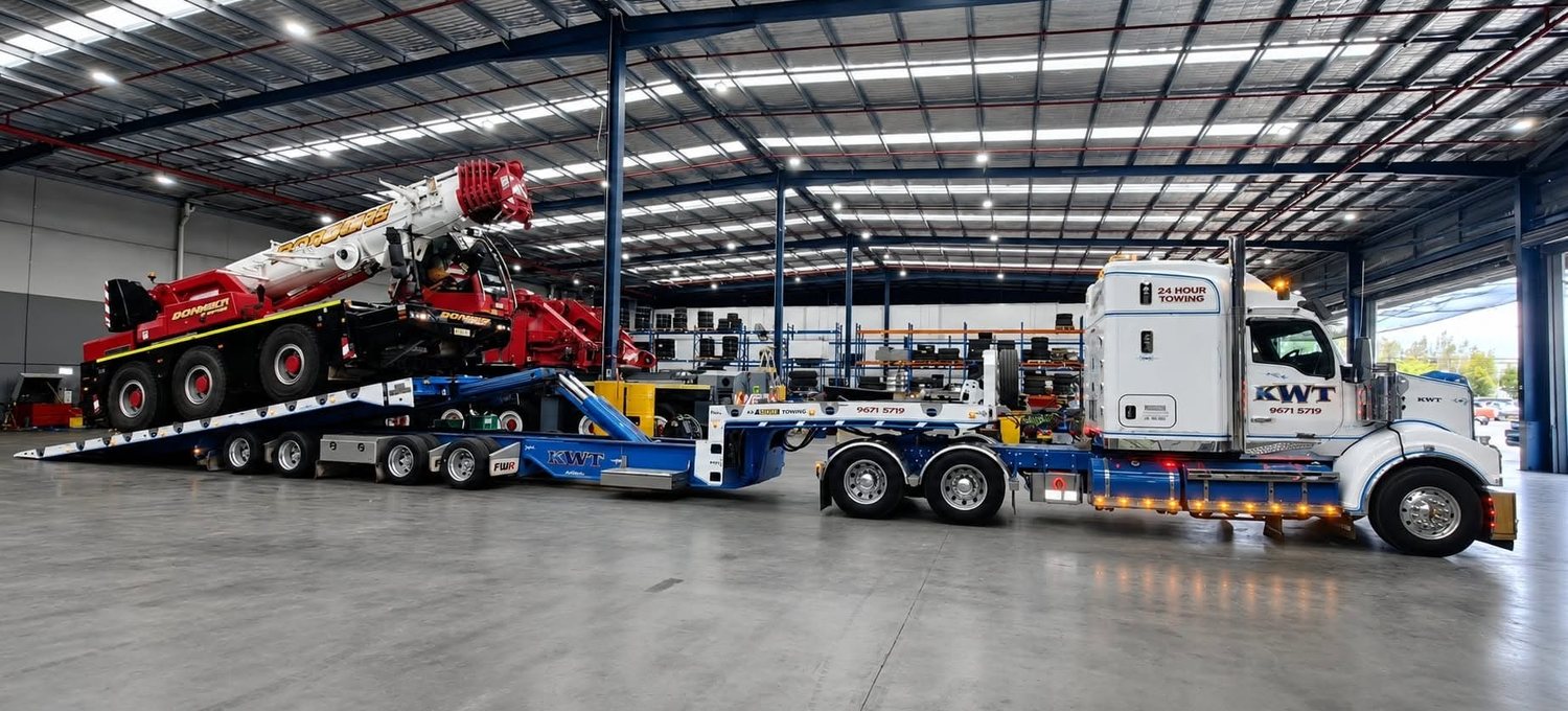 KWT prime mover with a Donnelly mobile crane loaded on a KWT low loader inside a workshop